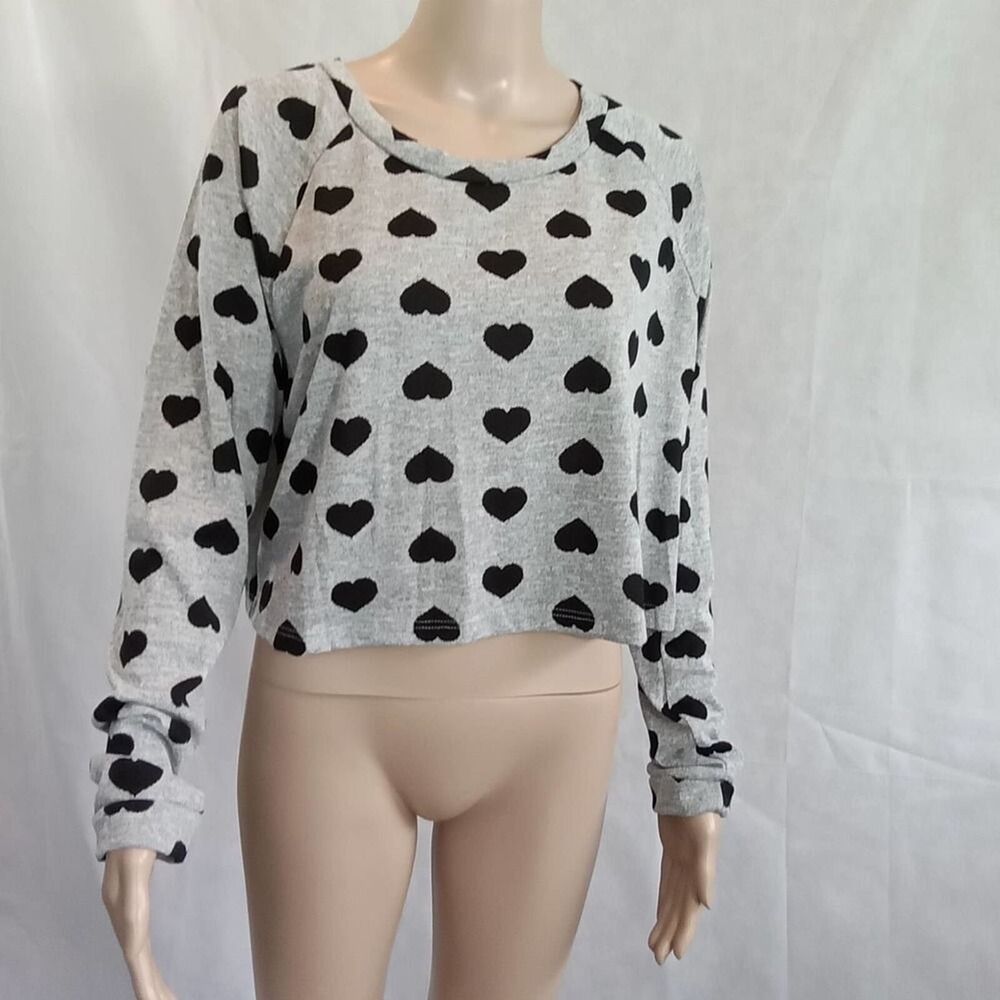 Basil Lola Womens Gray Black Heart Print Raglan Long Sleeve Crop Top Size L